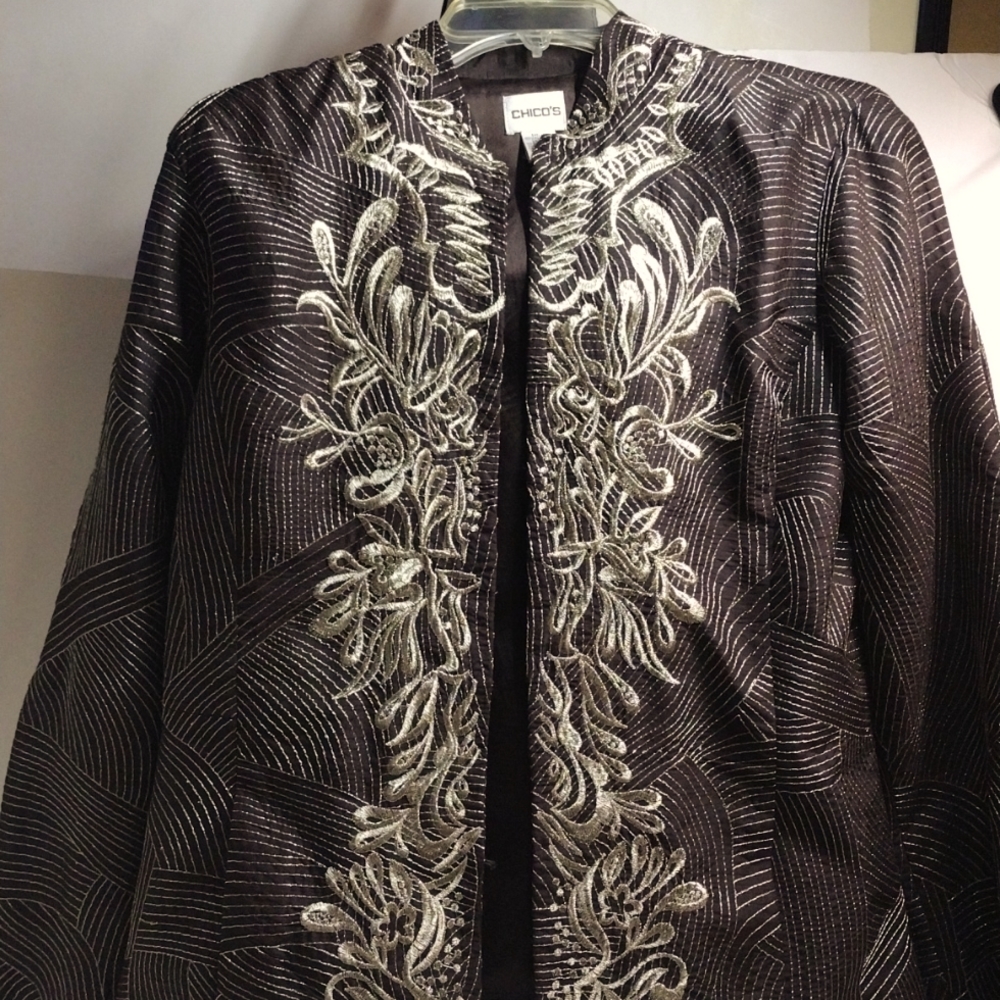 CHICO'S BROWN GOLD EMBROIDERED JACKET/COAT SIZE 2 (XL),POCKETS, SATIN LINING,NEW